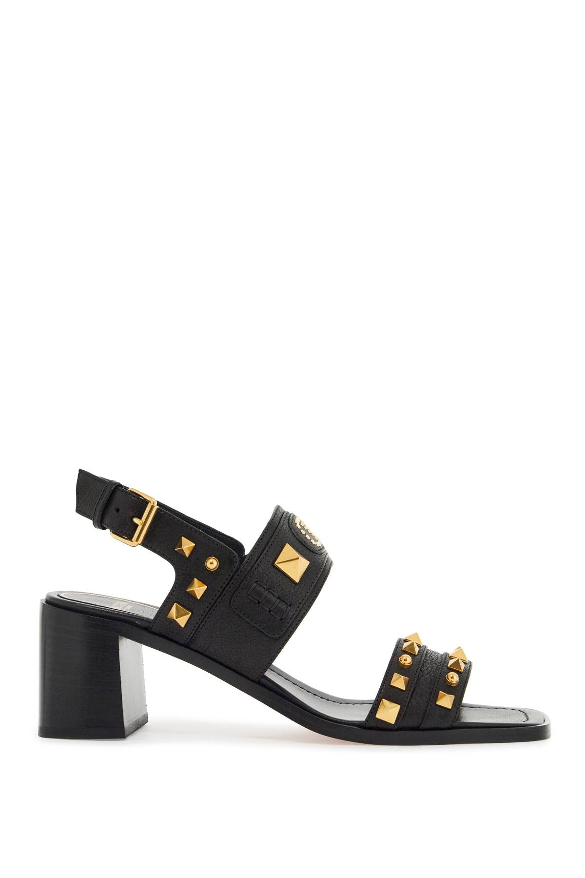 Valentino Garavani black buffalo leather sandals with golden studs and square heel