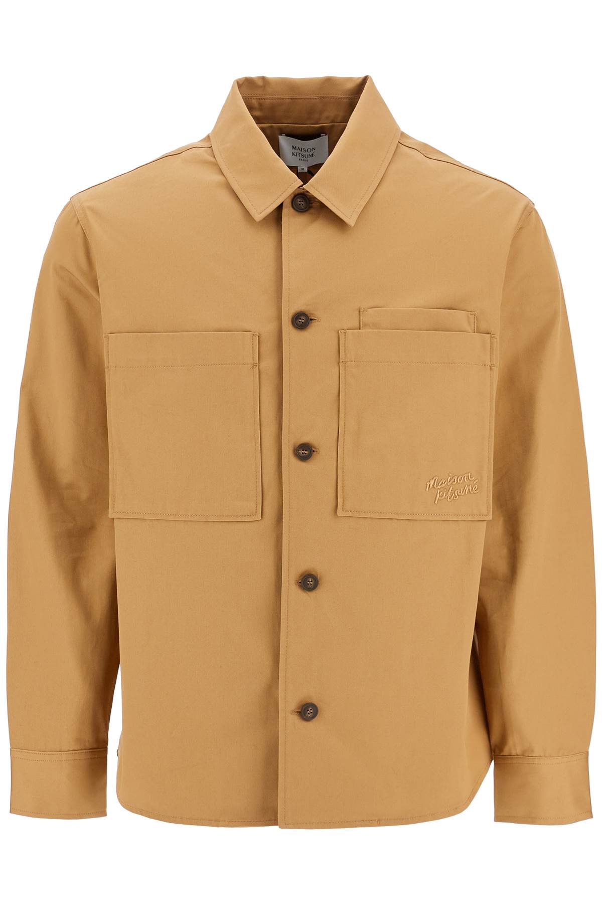 Maison Kitsune minimalist beige chino cotton shirt with buttons and applied pockets